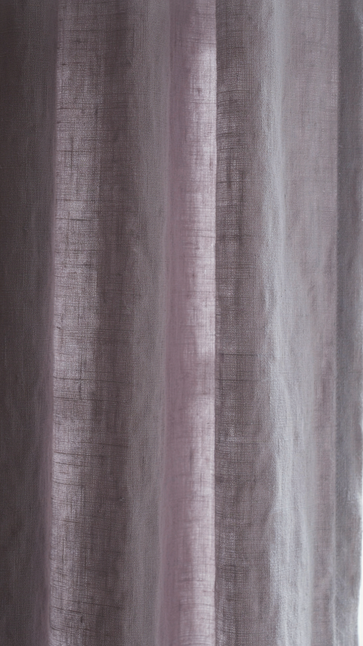 A close-up of a muted lavender linen curtain, showing its weave.