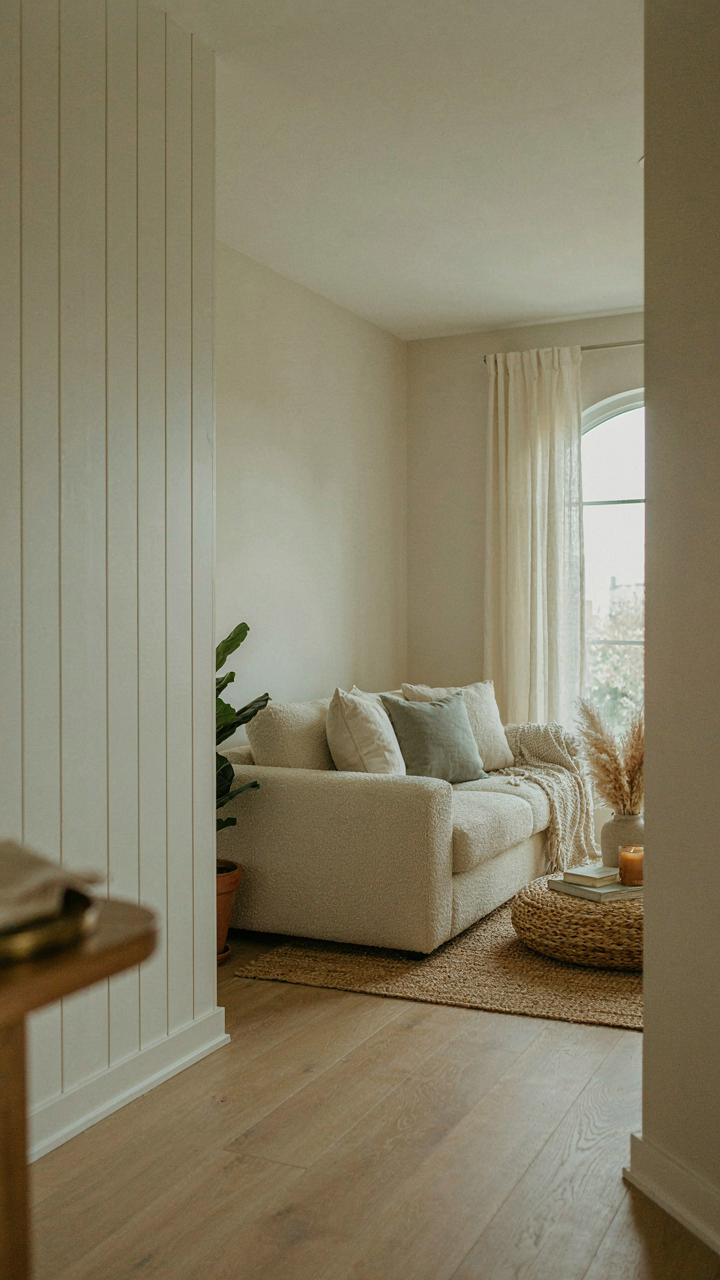 A living room with one vertical shiplap accent wall and smooth painted walls.