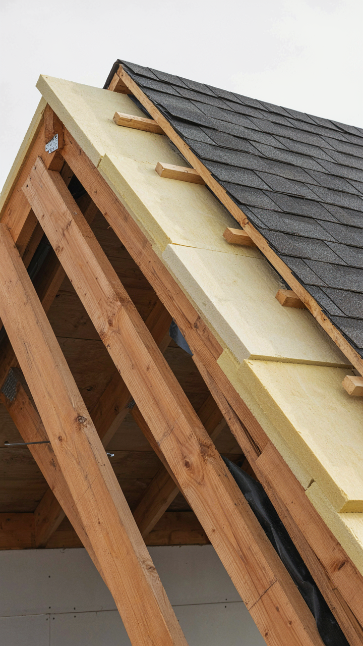 Rigid foam insulation boards placed perpendicular to roof rafters.