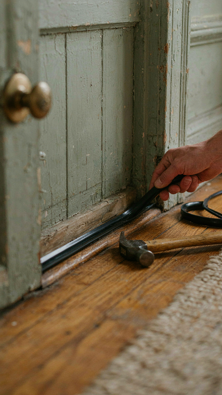 A hand seals a drafty door frame with weatherstripping inside a bungalow home.