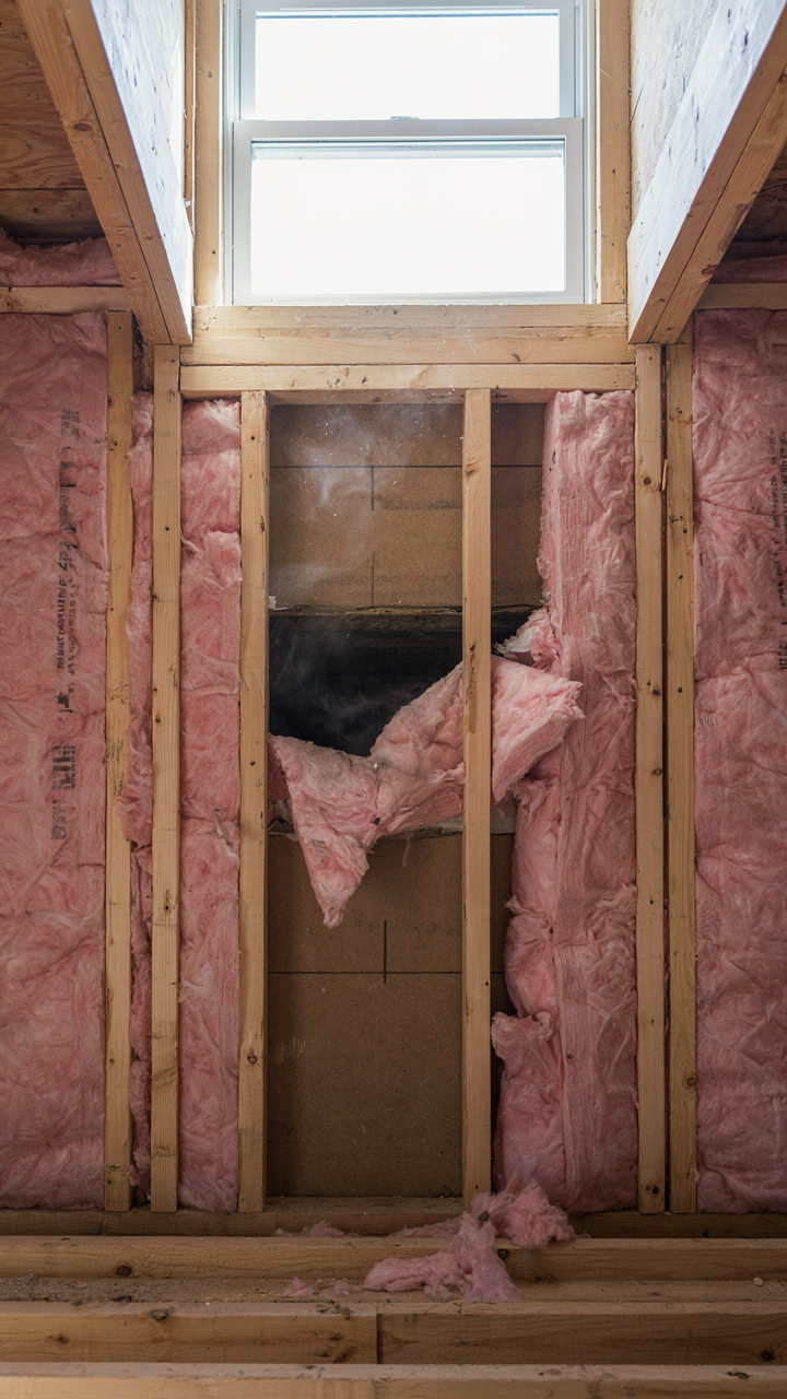 Poorly installed insulation in a wall cavity around a dormer window.