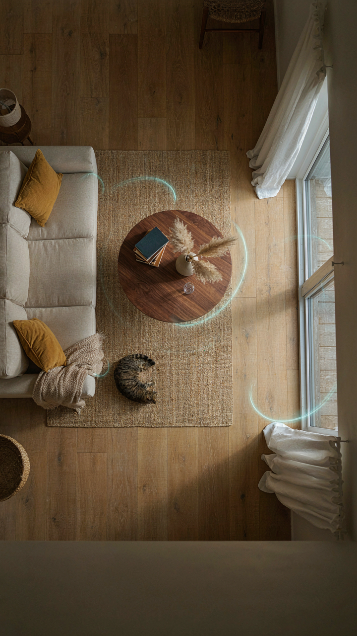 An overhead view of a living room showing clear paths around furniture.