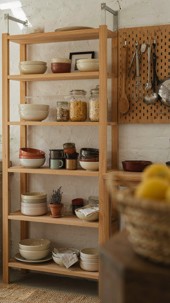 A wall with tall shelving and a pegboard in a small beach shack.