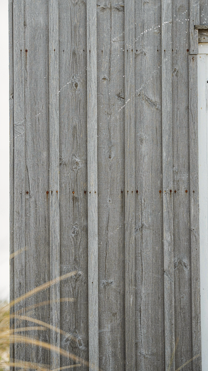 Untreated cedar siding on a fisherman cottage, weathering to silver-gray from salt spray.