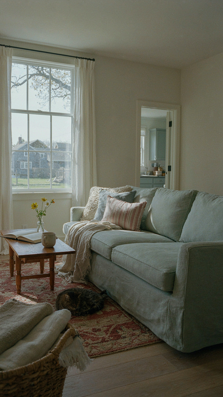 A living room shows seasonal decor change with light linens for summer.