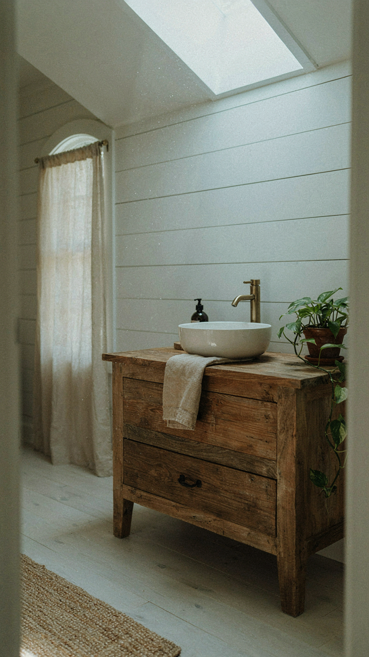 Natural light from a skylight highlights the patina of a reclaimed wood vanity.