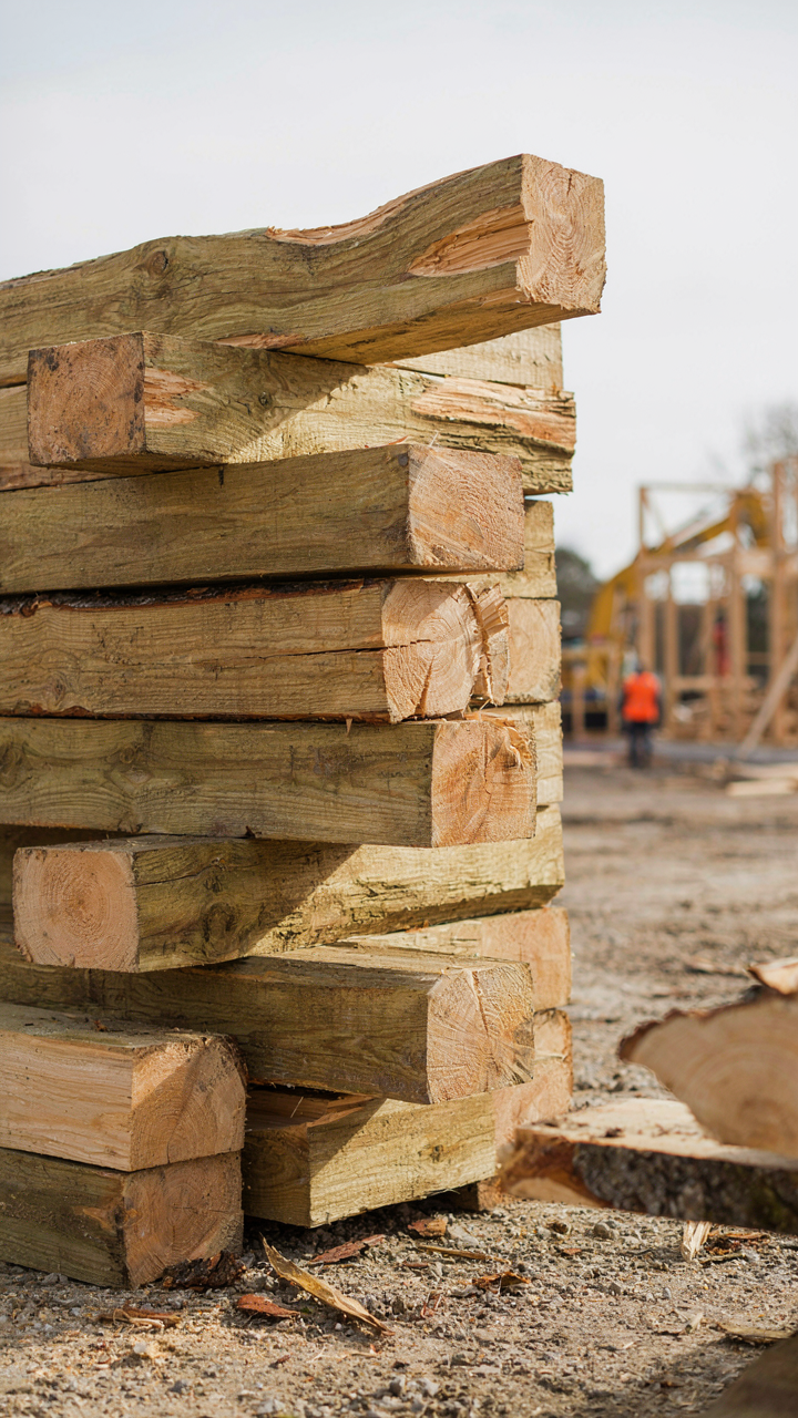 Freshly cut timber beams are warping and twisting on a construction site.