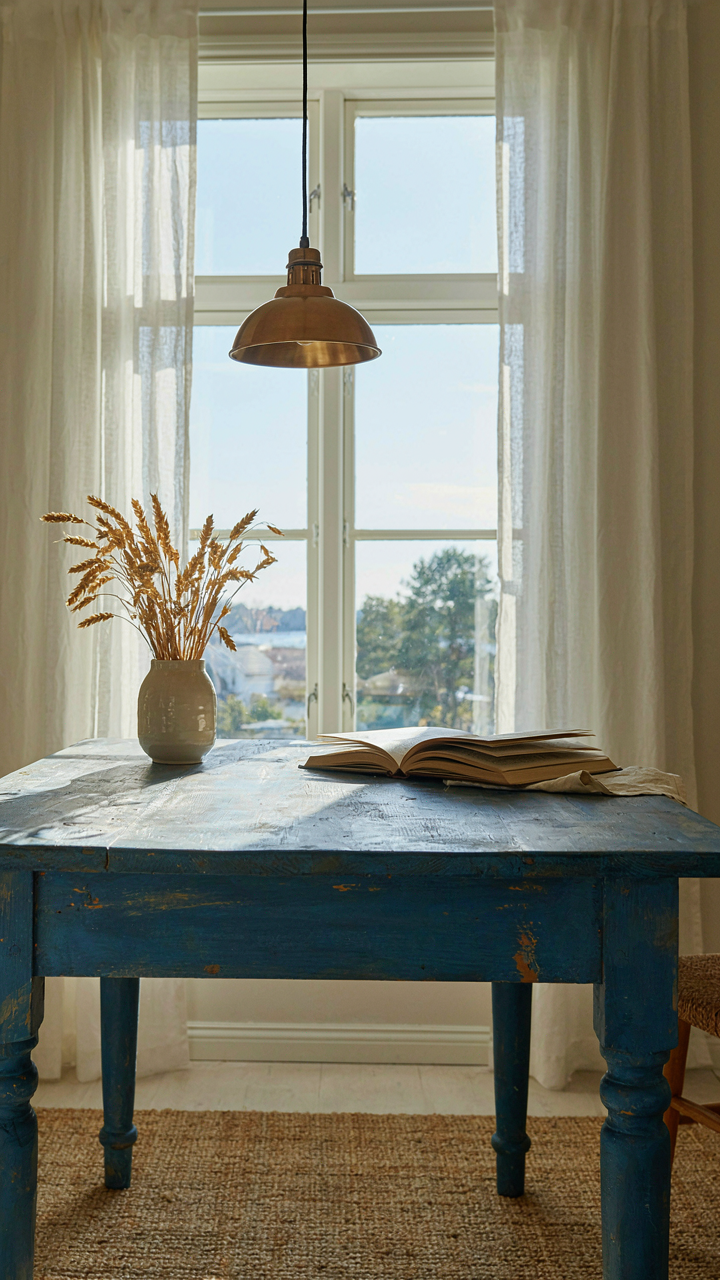 A worn painted wooden kitchen table with chipped edges and faded color.