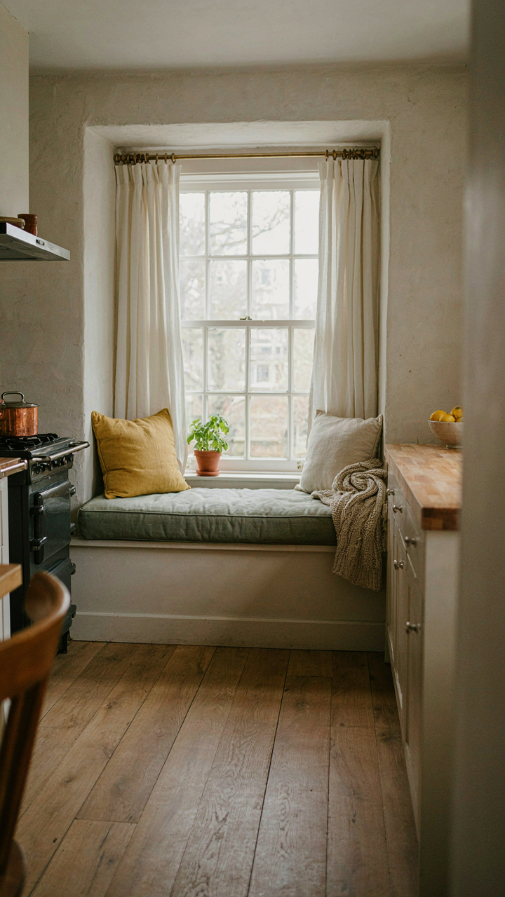 A tiny kitchen with a large decorative window seat and minimal counter space.