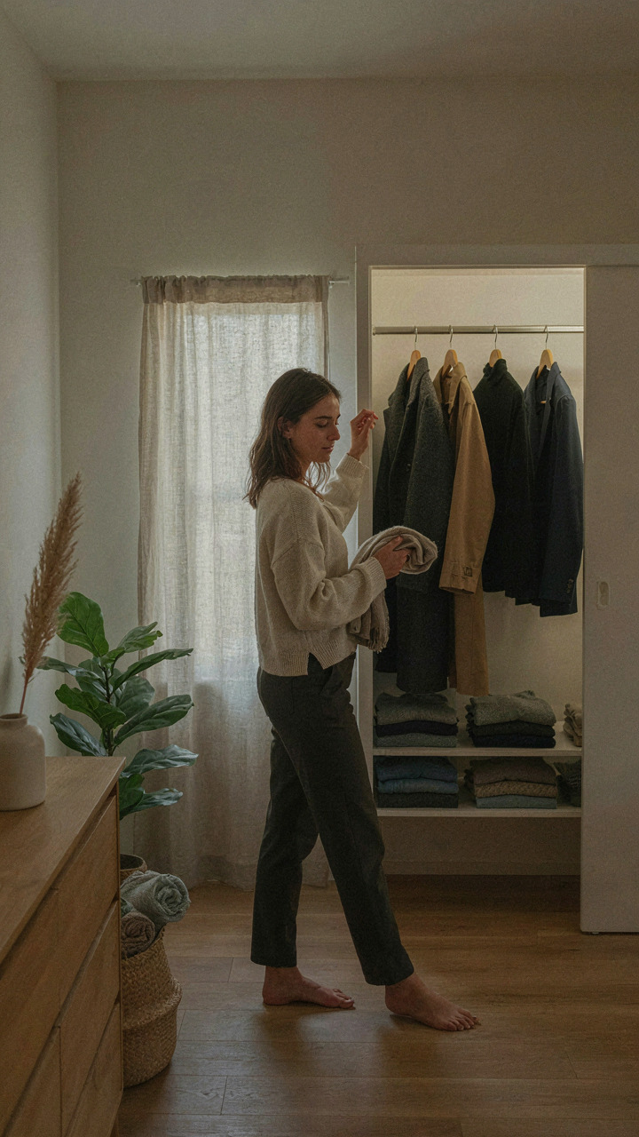A person opens a small, perfectly organized closet with minimal clothing.