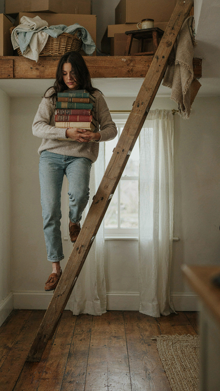 A person climbs a steep ladder to a cluttered cottage loft.
