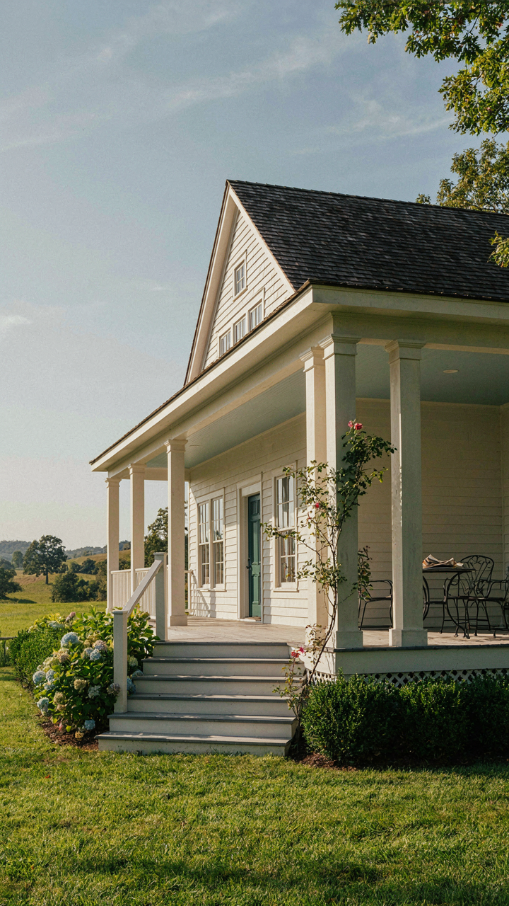 A tiny house features a grand wrap around porch with wide stairs and thick columns.