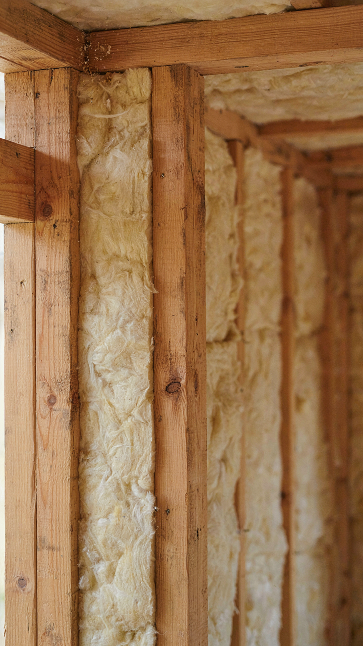 A close-up of mineral wool insulation installed between wood studs in a tiny cabin.