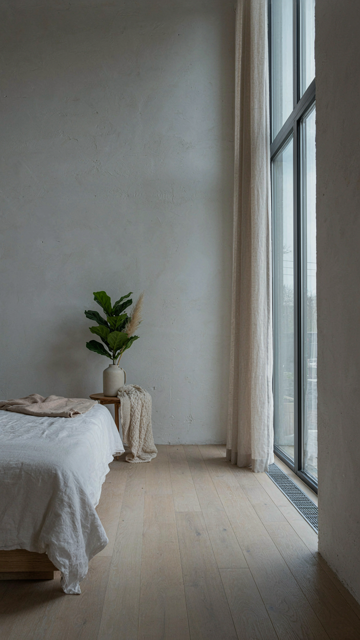 A minimalist cottage loft with clear sightlines and an unobstructed window.