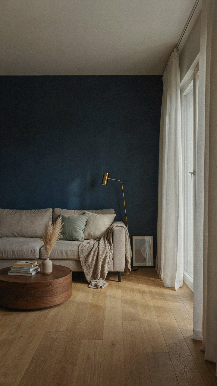 A room with a deep navy wall, gray furniture, and light white curtains.