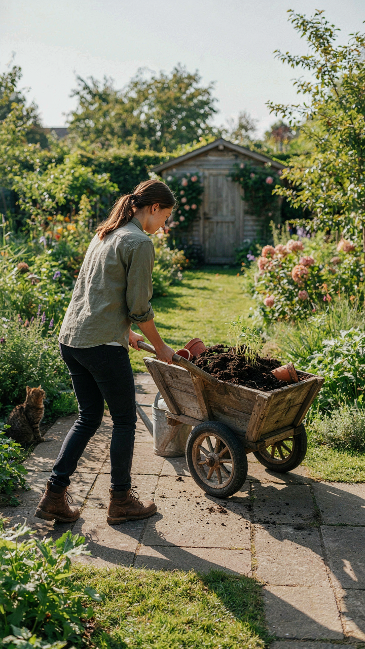 A person easily pulls a garden cart full of soil on a path.