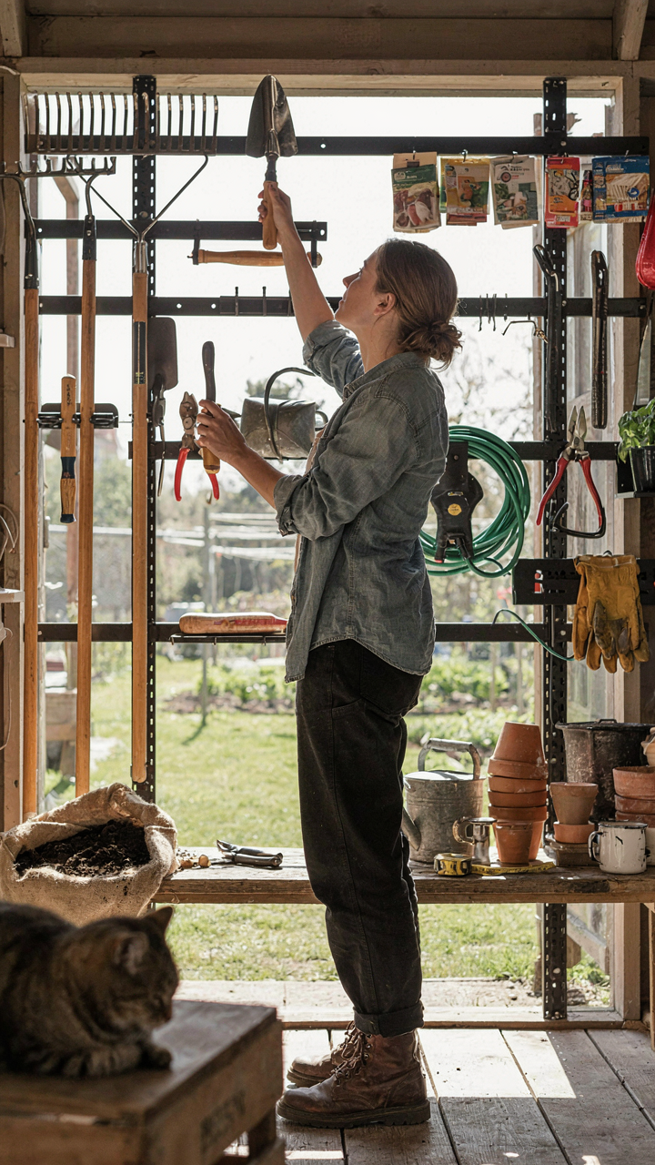 A person organizes gardening tools on a modular system in a small shed.