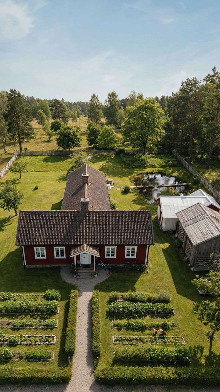 Aerial view of a Swedish farmhouse with outbuildings and organized garden.