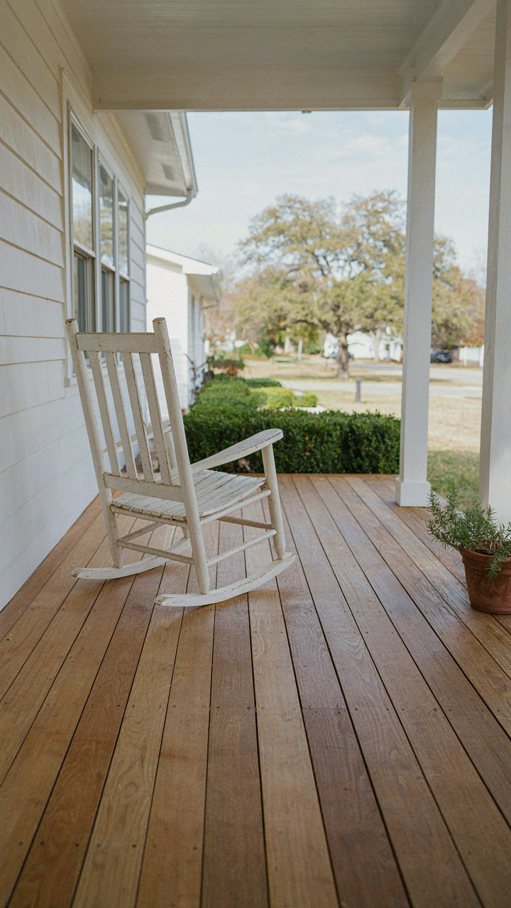 A ranch house porch with flooring that matches the home's interior, an empty rocking chair.