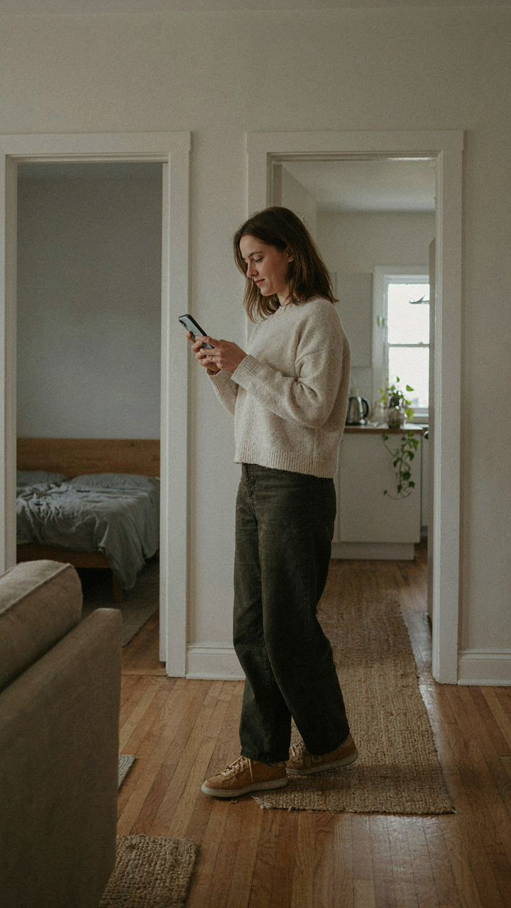 Person walking through their home, using a smartphone to observe occupied rooms.