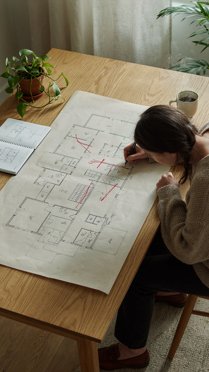 A person sketches a floor plan, removing stairs and hallways to reduce friction.