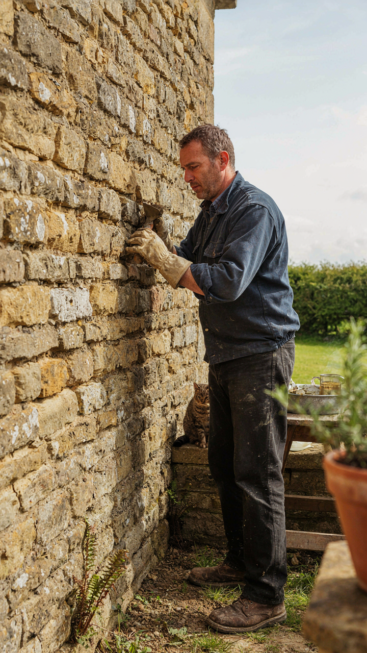 Skilled stonemason repointing an old Cotswold cottage wall with lime mortar.