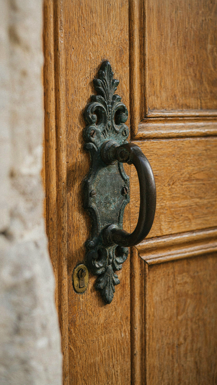 An ornate cast iron door handle on a thick, old wooden door.