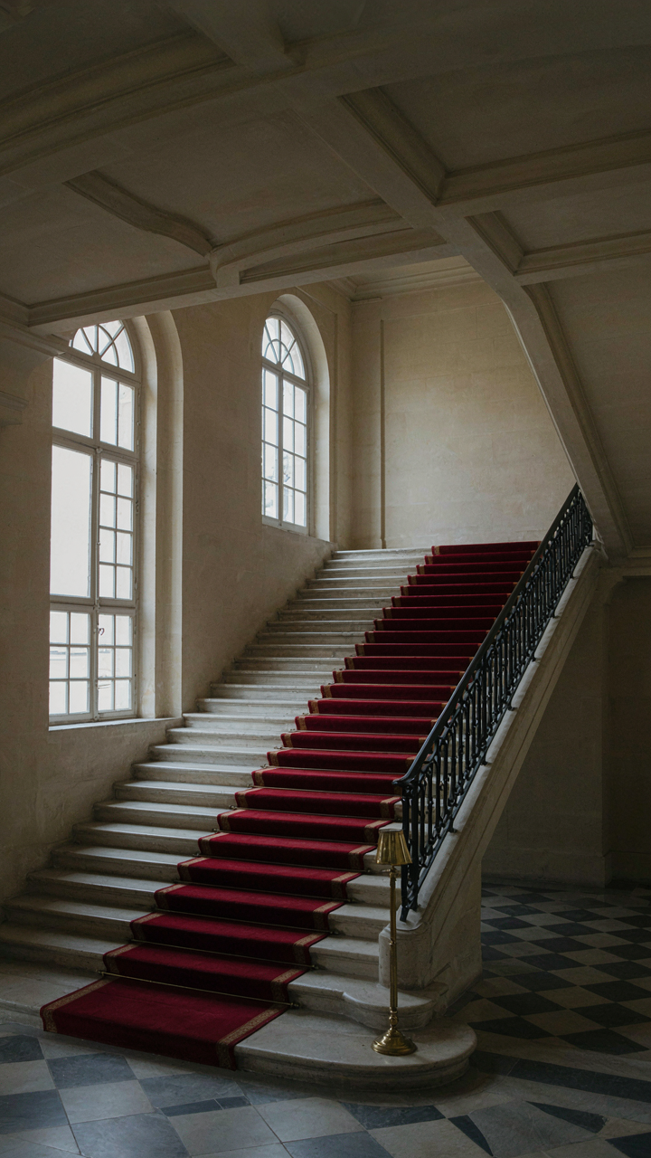 A dramatic and imposing chateau staircase with stark, angular lines dominates a vast space.