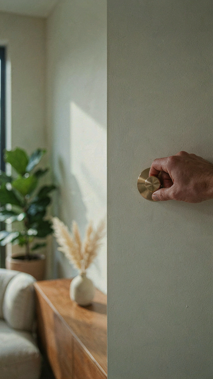 A hand adjusts a dimmer switch on a wall, controlling the she shed lighting ideas.
