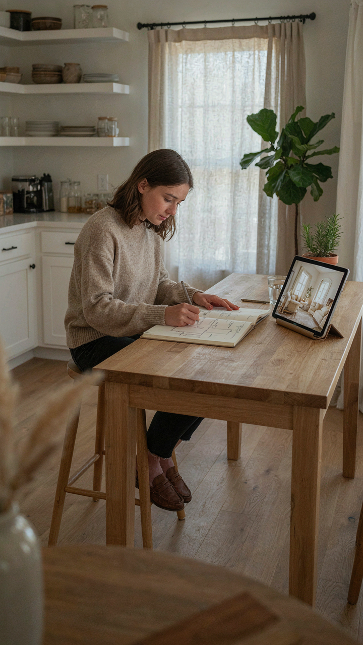 A person reviewing floor plans at a modern farmhouse kitchen island, comparing them to an Instagram