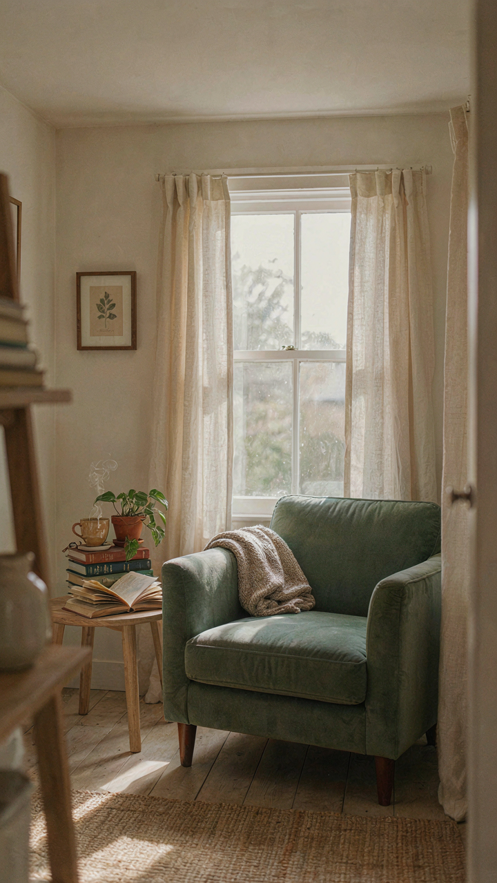 A cozy, organized she shed interior serving as a reading nook.