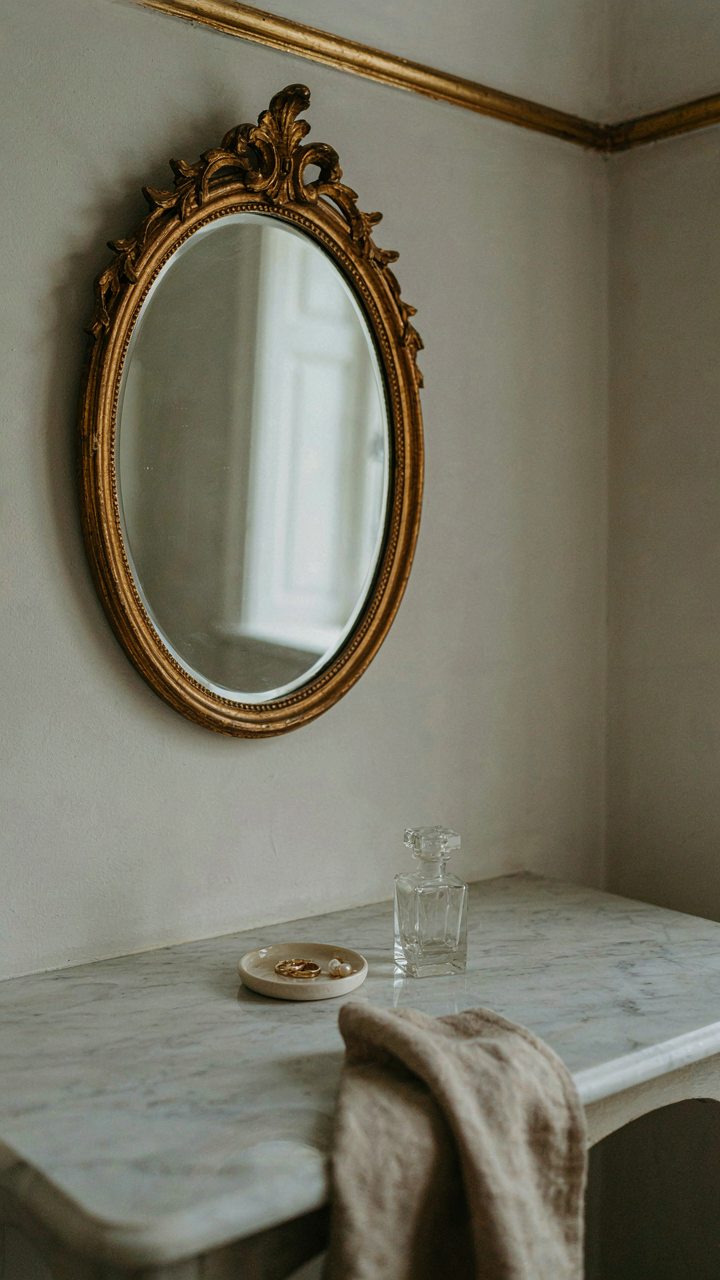 An ornate gold mirror and gold trim in a chateau style bathroom, showing deliberate placement.