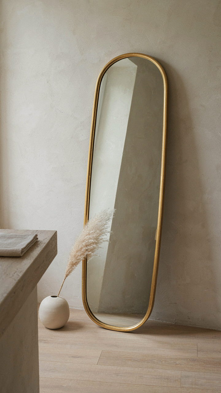 A single elegant gold-framed mirror leaning against a wall.