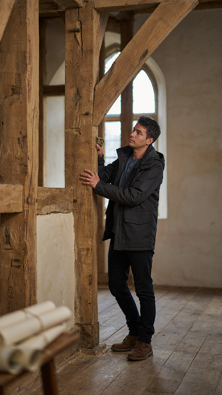 An engineer inspects a timber frame wall in an old building.