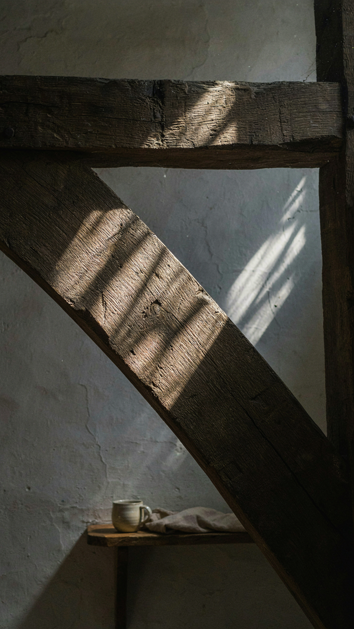 Sunlight creates deep shadows on an interior timber beam.