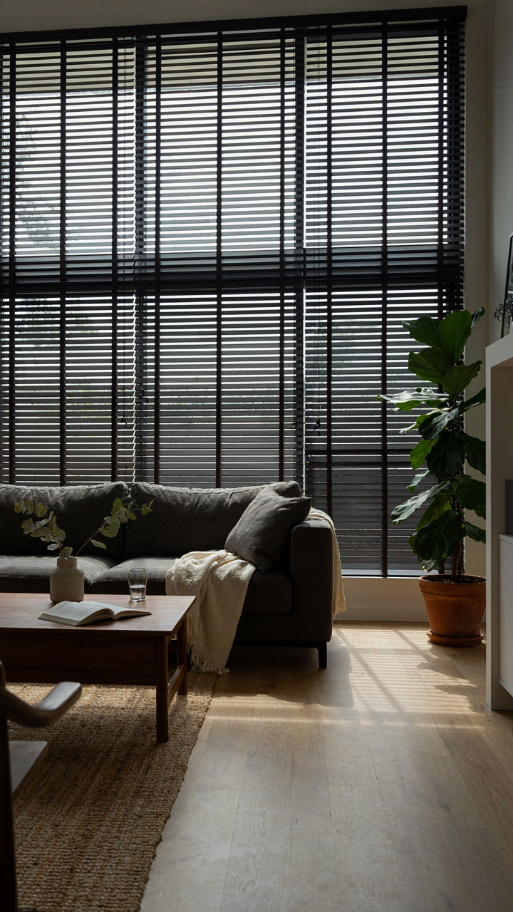 Living room with drawn blinds on large windows blocking harsh summer sun.