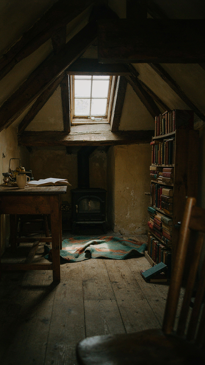 A dimly lit cottage interior, still cramped despite a dormer window.