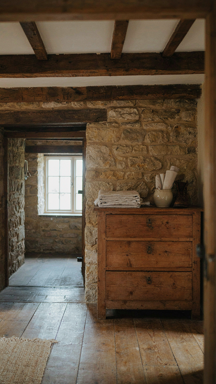 A rustic cottage hallway with a wooden dresser, exposed beams, and stone walls.