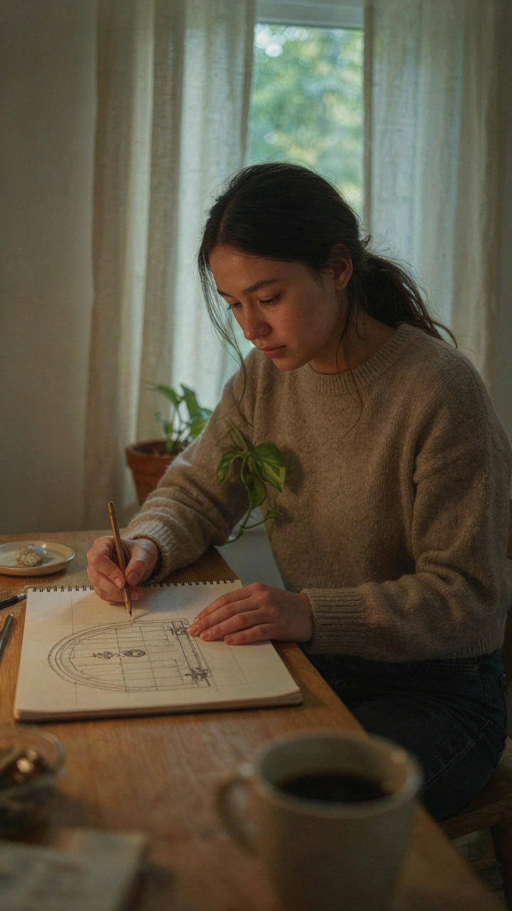 A person sketches a unique craftsman front door design on a notepad.