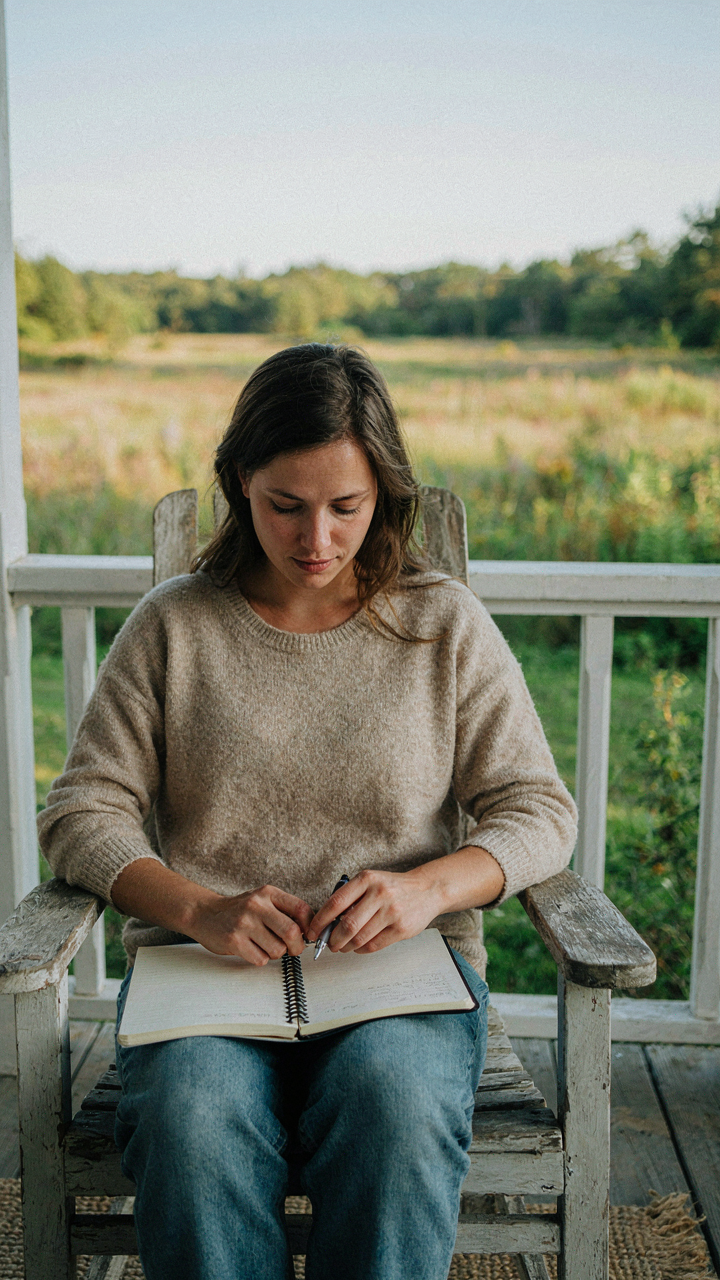 A person holds a notebook and pen, sitting quietly on a porch.