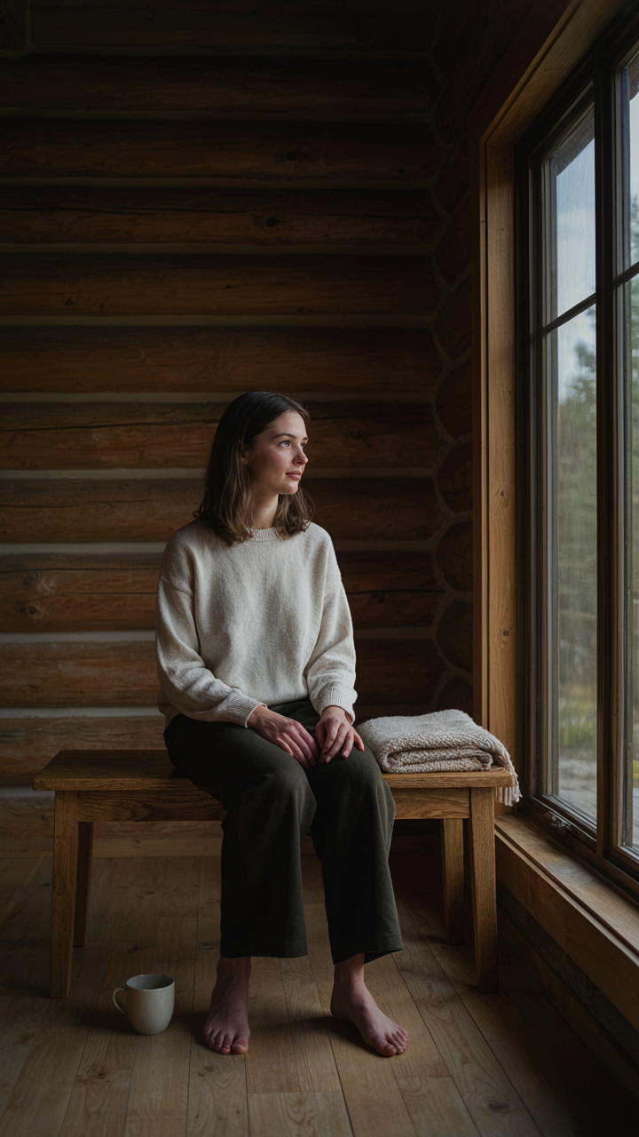 A person sits on a bench in a minimalist log cabin bedroom, looking out a window.
