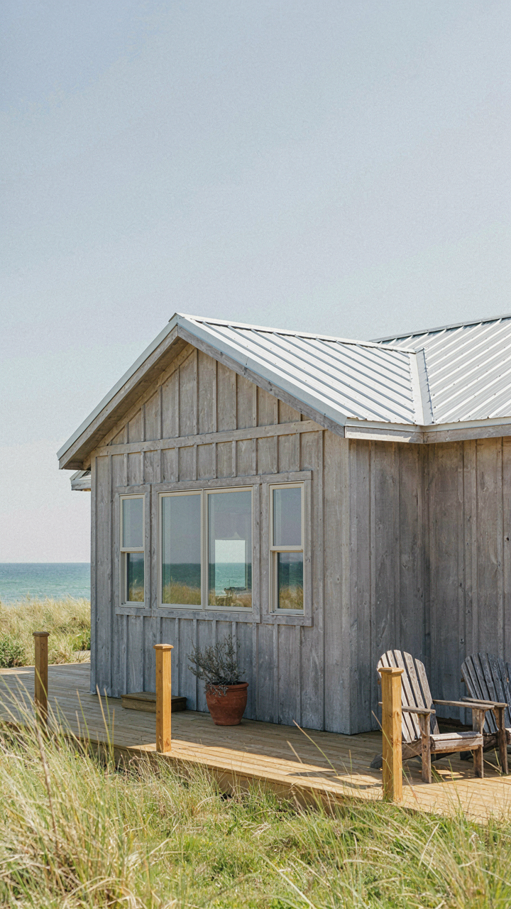 The exterior of a beach bungalow with durable galvanized steel siding.