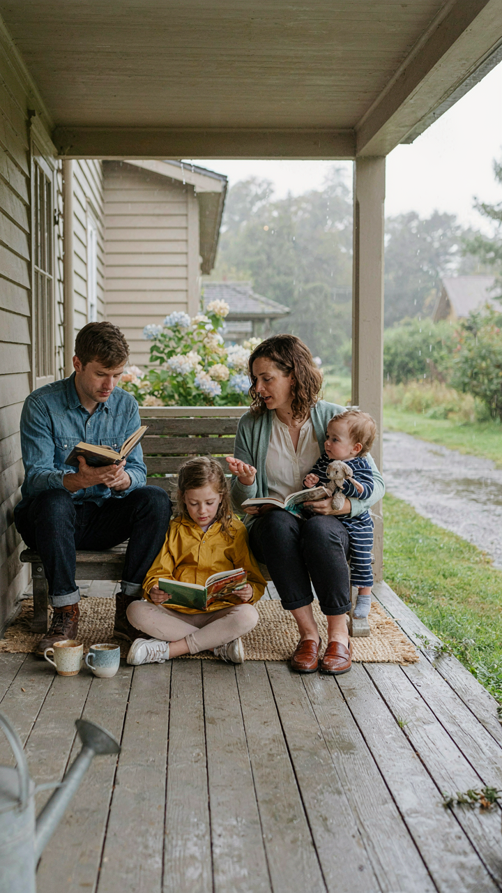 A family sits on a deep porch, sheltered from rain on a small house floor plan with porch.