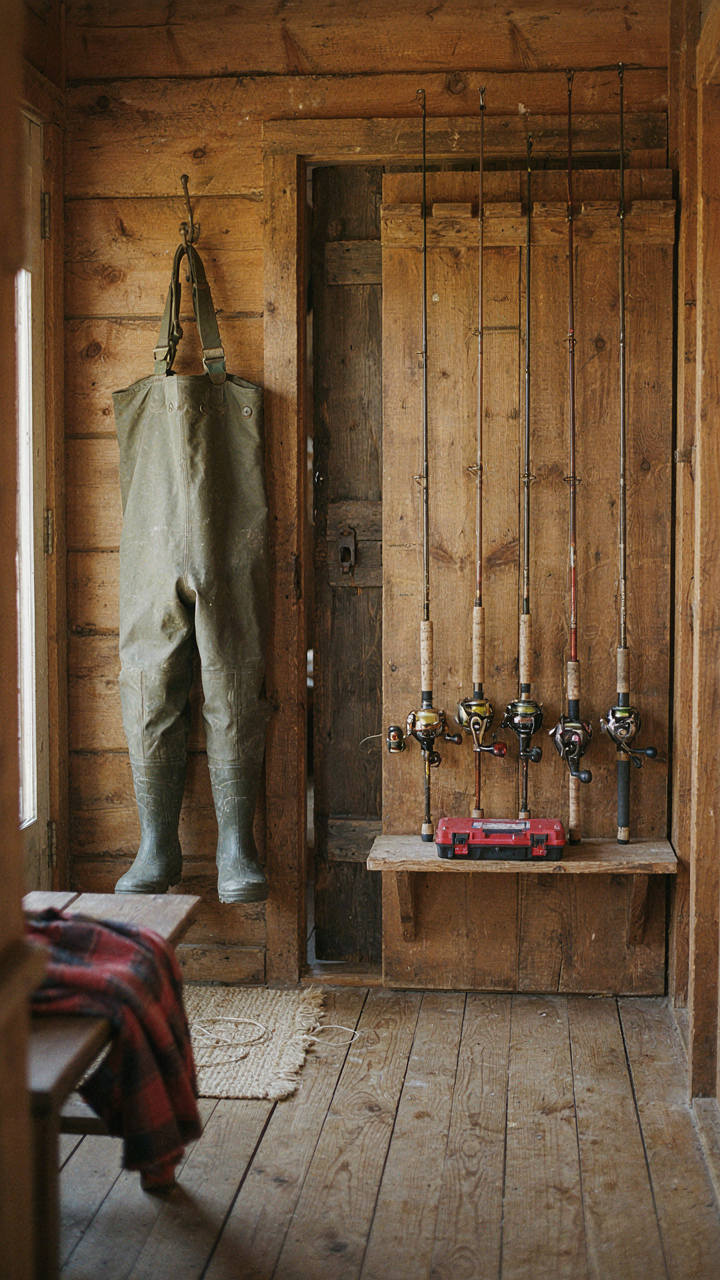 A wall-mounted rod rack holds fishing rods near a cabin door.