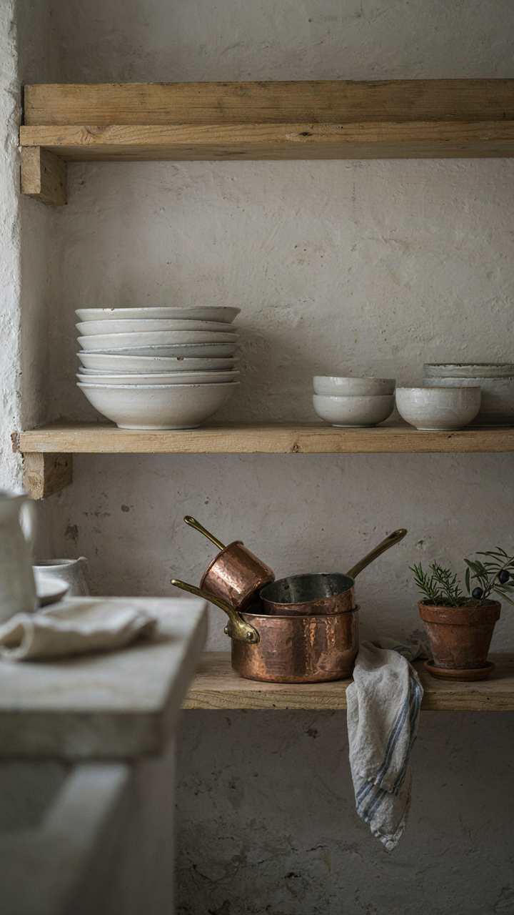 Open shelves hold ceramic bowls and copper pots in a French country kitchen.