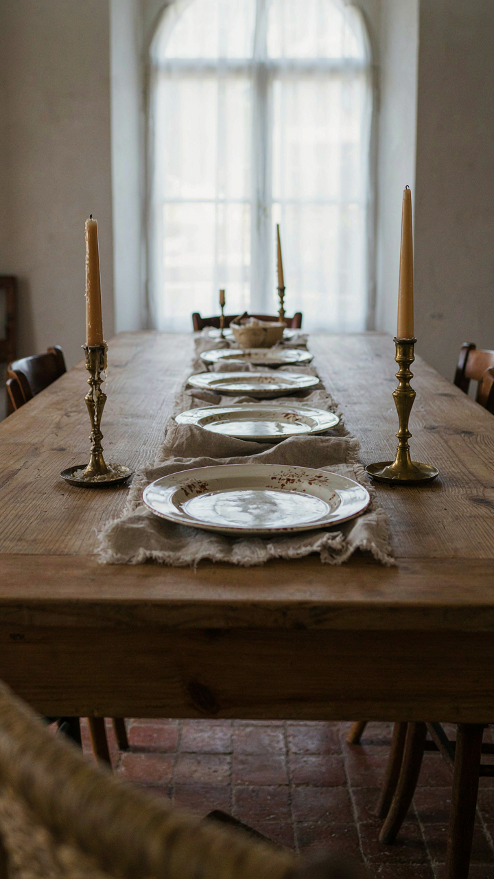 A well-used wooden dining table with everyday ceramics and candlesticks.