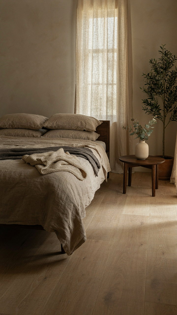 A very sparse modern rustic bedroom with only a bed, nightstand, and one light.