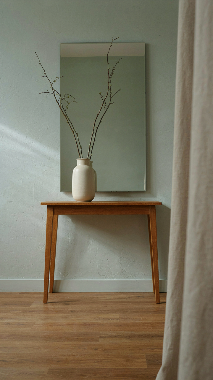 A simple wooden console table, a tall vase, and a large mirror in a minimalist entryway.