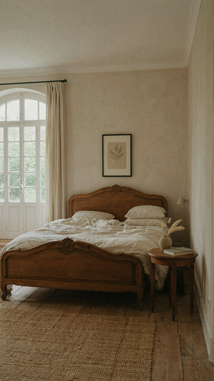 A simple french provincial bedroom with an oak bed and linen bedding.