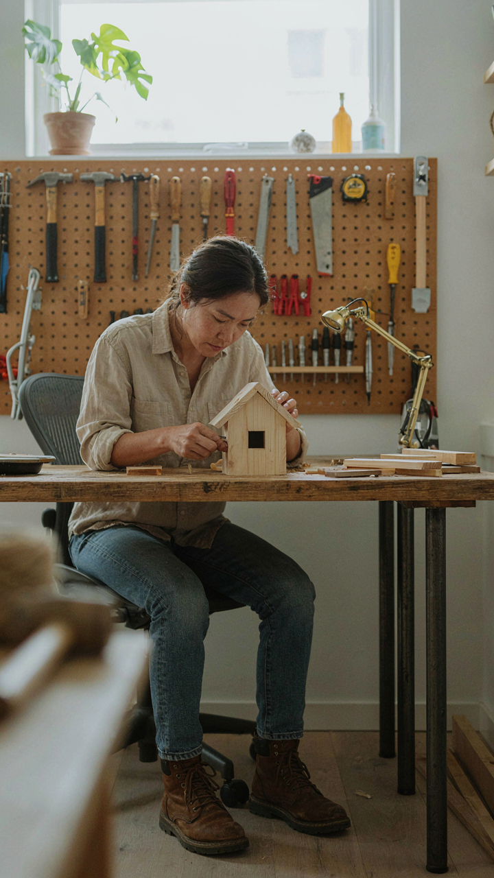 A woman crafting at a workbench in a she shed, with task lighting.